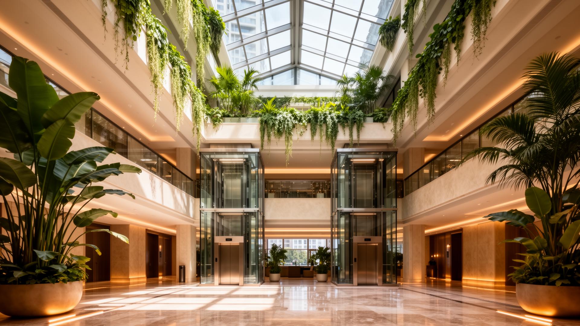 The central atrium with panoramic glass lifts